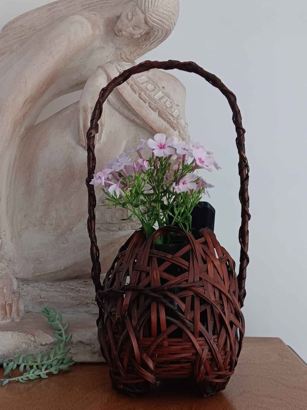 Antique Japanese Hanakago Bamboo Basket Ikebana With Handle